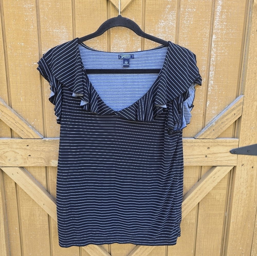 American Living Black and White Striped Ruffle Blouse